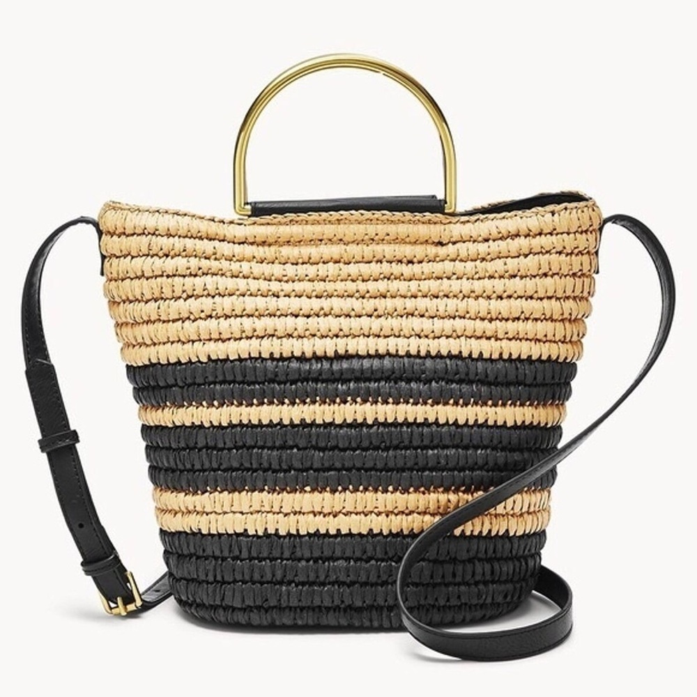 FOSSIL Raffia stripe Tote Ring Handle Ryder Sydney Crossbody Handbag